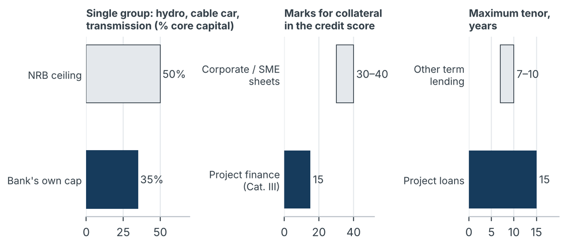 One bank's credit policy: tighter limits than the regulator, but collateral matters less for projects